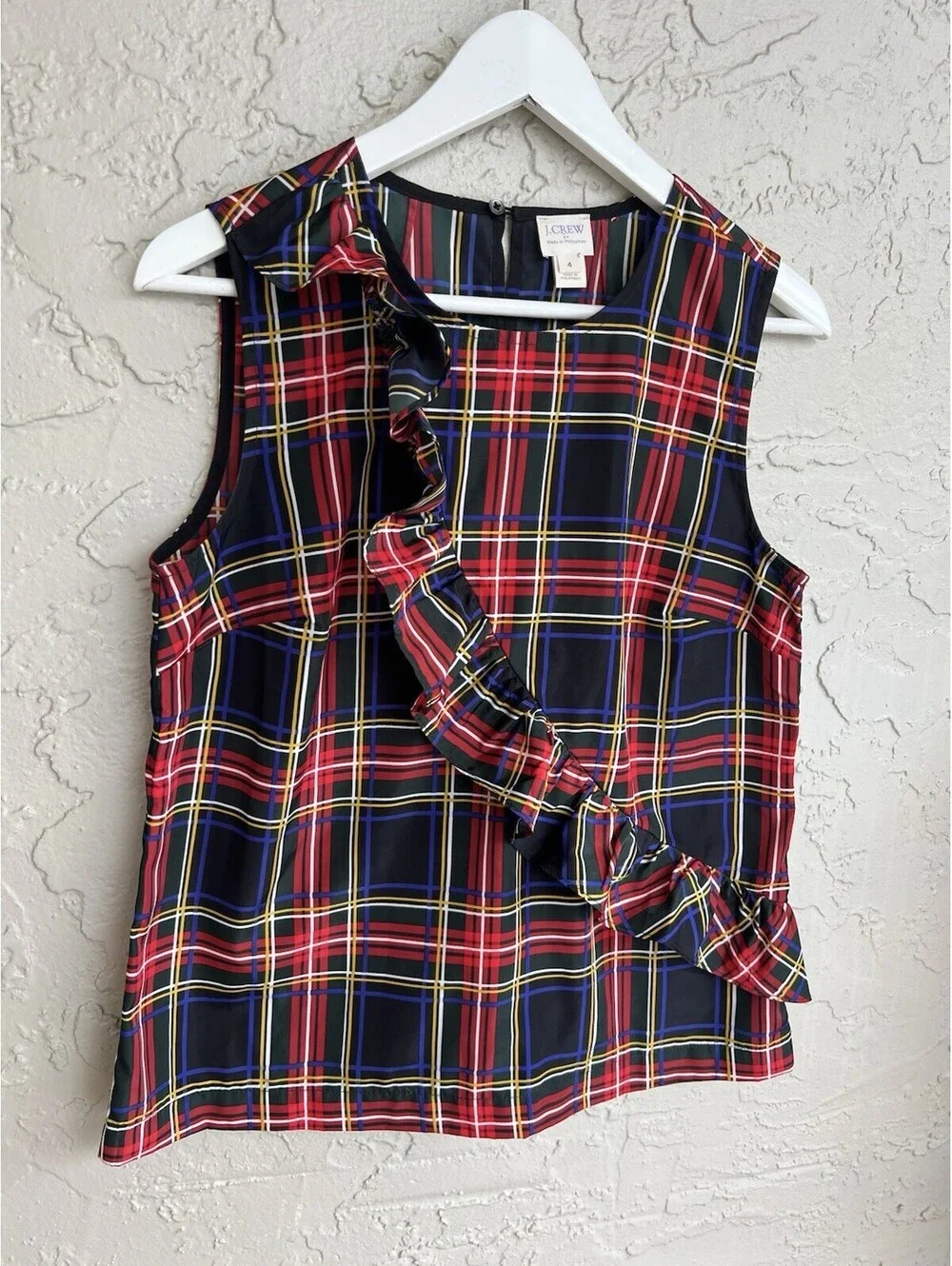 J Crew Plaid Tartan Sleeveless Blouse Ruffle Holiday Stewart Academia Top 4.